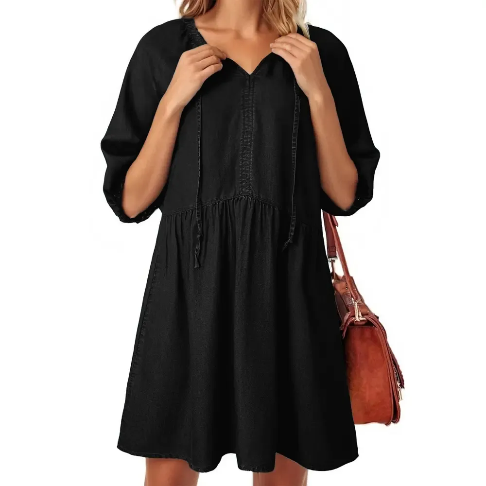 🔥Women Casual Puff Short Sleeve V Neck Babydoll Denim Dress