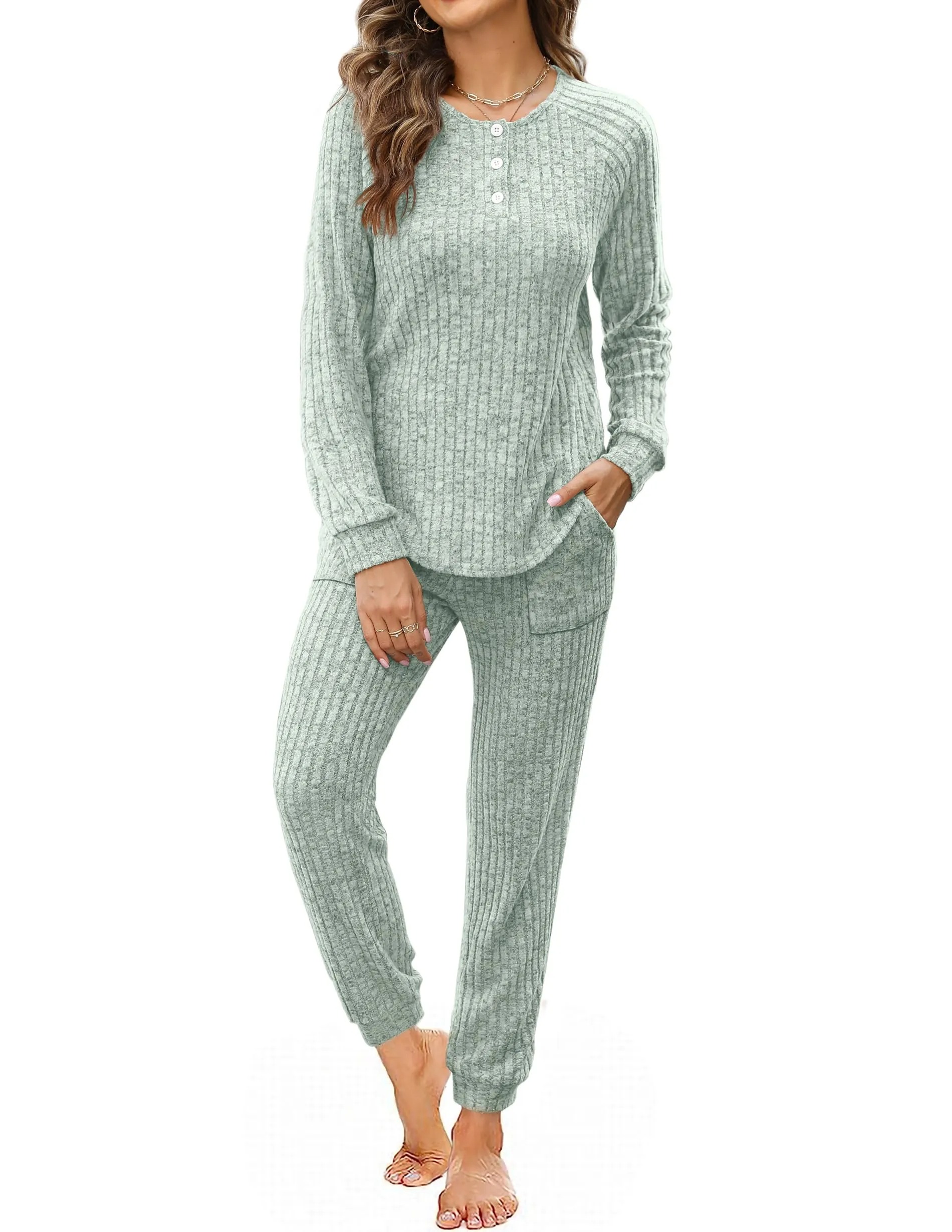 Women‘s’ Button Down Sweatshirt Sweatpants Two Piece Set with Pockets