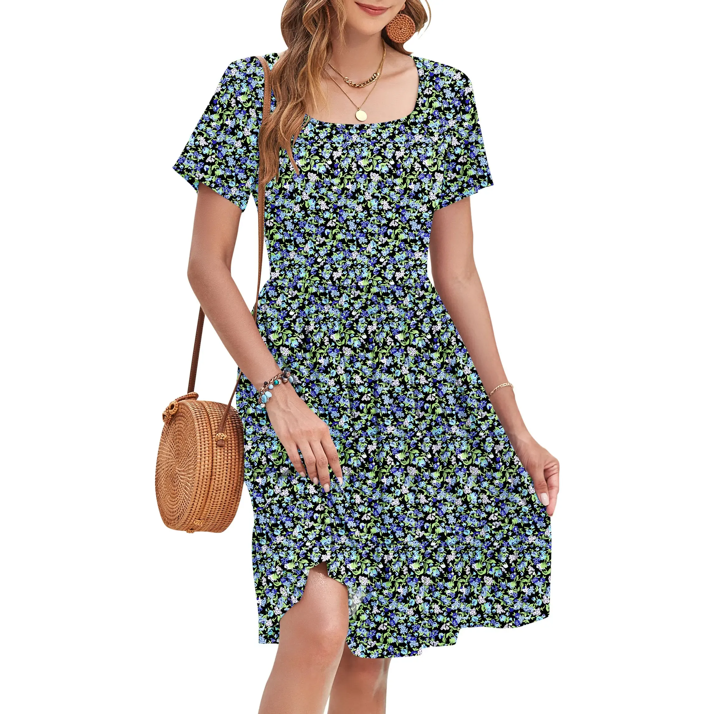 ✨Women's Square Neck Floral Print Short Sleeve Ruffle Empire Waist Sundress with Pockets