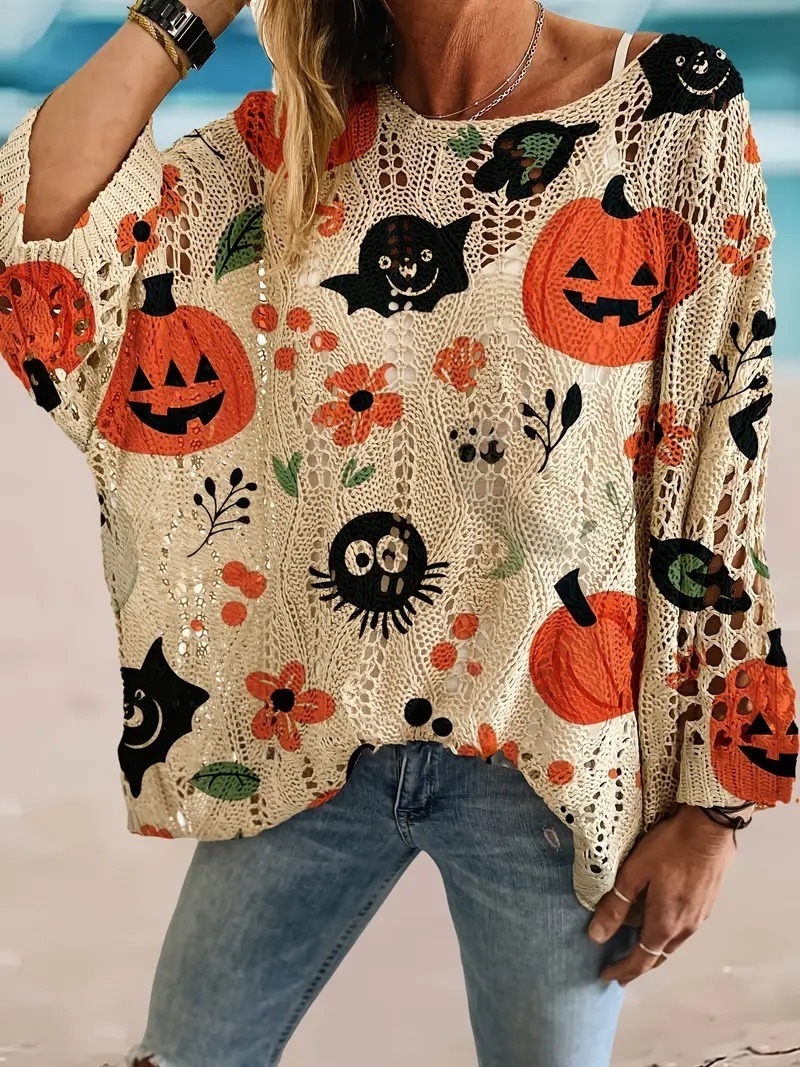 HOT SALE Halloween Crew Neck Pumpkin Loose Fit Long Sleeve Cutout Sweater