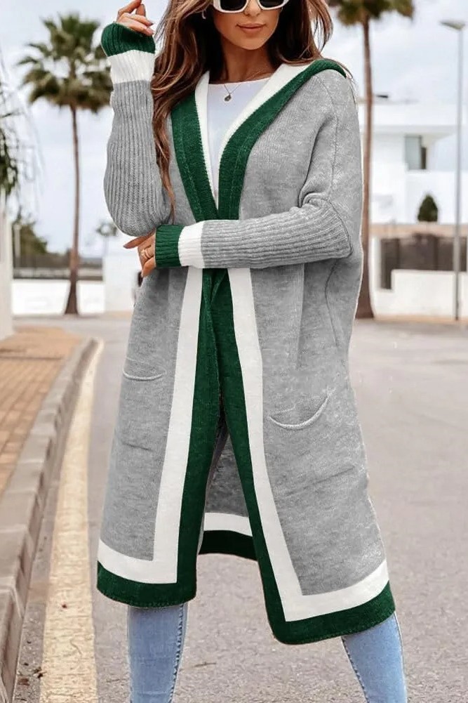 HOT SALE Women's Color Block Striped Open Front Hooded Long Cardigan