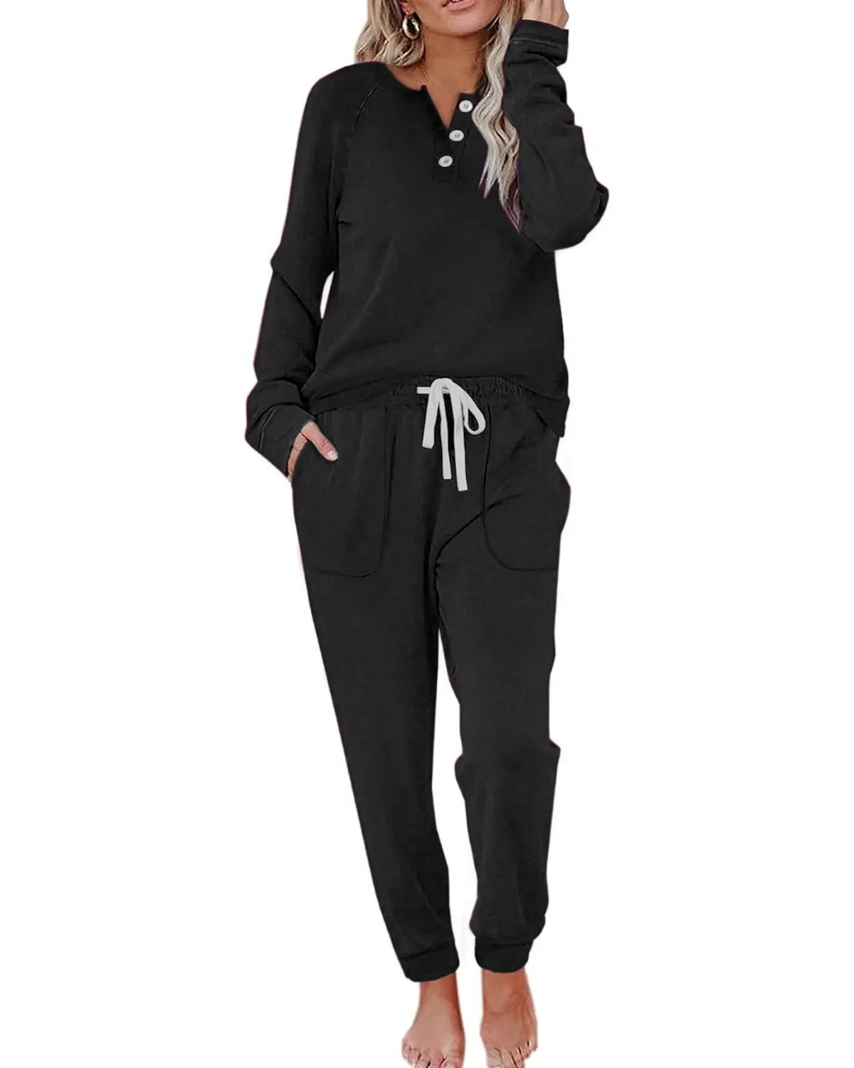 Women's Button-Down Casual Long Sleeve Pants Set with Pockets