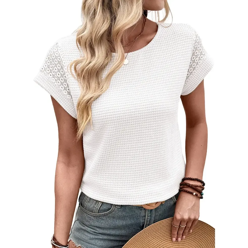 🔥Womens Waffle Knit Lace Hollow Out Short Sleeve T-Shirts