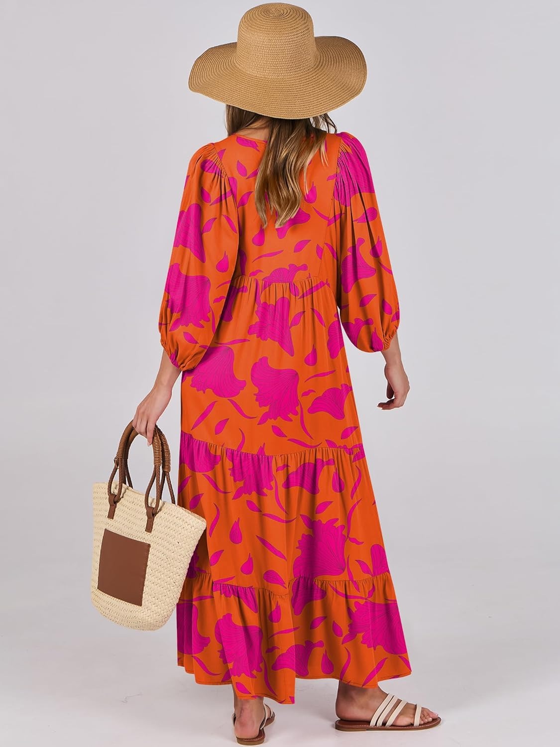 🔥2026 Women's V Neck Puff Sleeve Floral Flowy Swing Long Dress