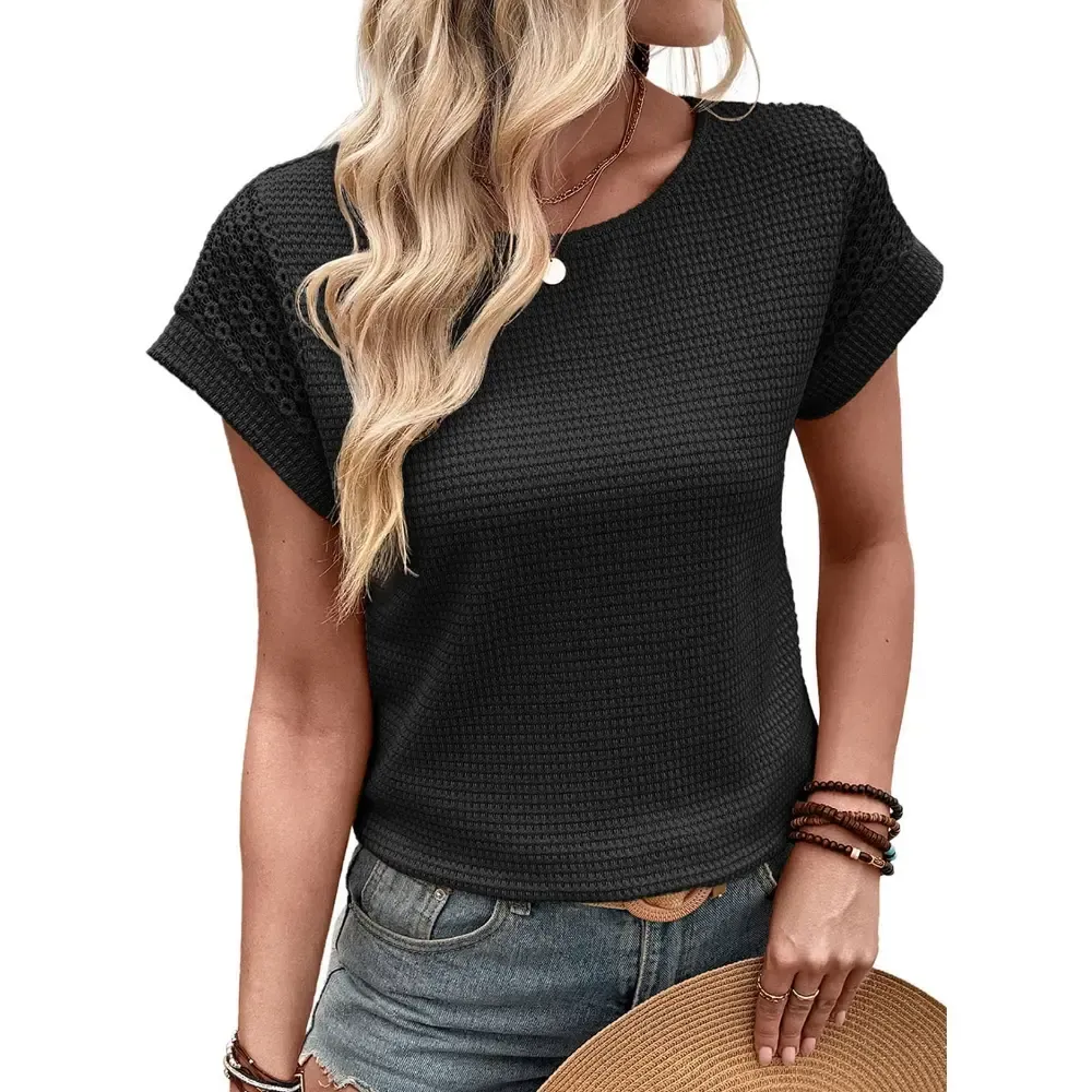 🔥Womens Waffle Knit Lace Hollow Out Short Sleeve T-Shirts