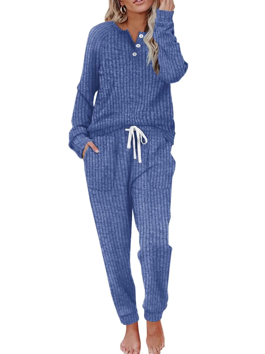 Women‘s’ Button Down Sweatshirt Sweatpants Two Piece Set with Pockets