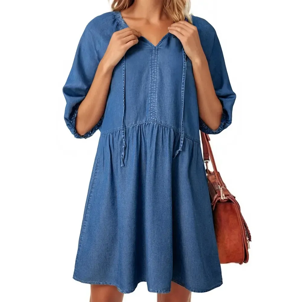 🔥Women Casual Puff Short Sleeve V Neck Babydoll Denim Dress