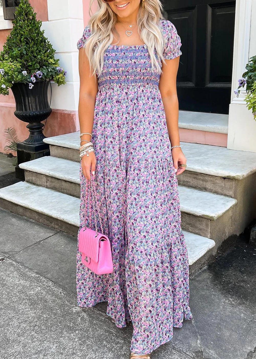 ✨Women's Floral Short Bubble Sleeve Shirred High Waist Maxi Dress