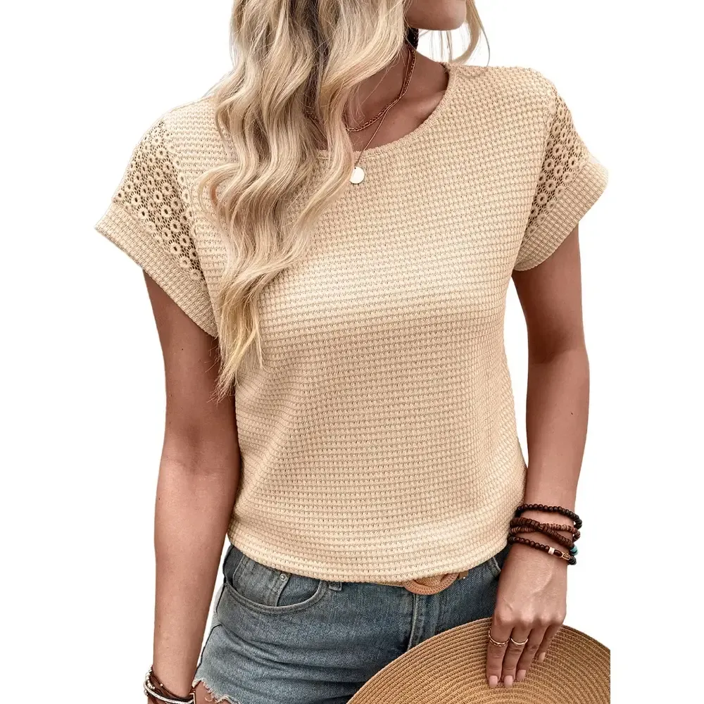 🔥Womens Waffle Knit Lace Hollow Out Short Sleeve T-Shirts