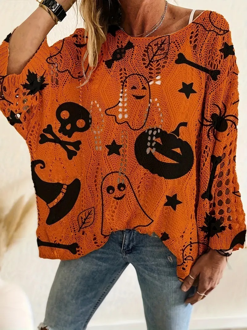 HOT SALE Halloween Crew Neck Pumpkin Loose Fit Long Sleeve Cutout Sweater