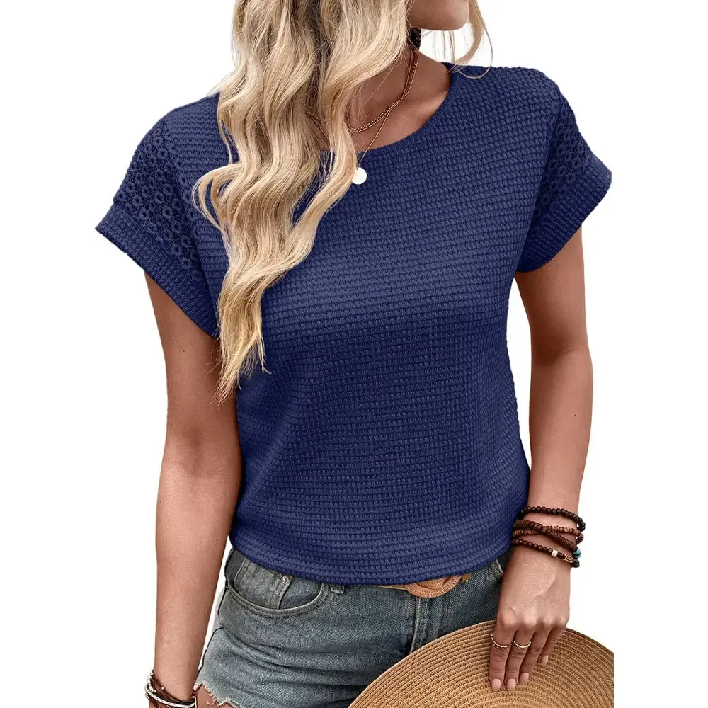 🔥Womens Waffle Knit Lace Hollow Out Short Sleeve T-Shirts