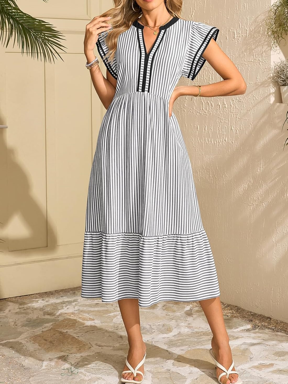 Women's Striped V-Neck Flutter Sleeve Long Dress
