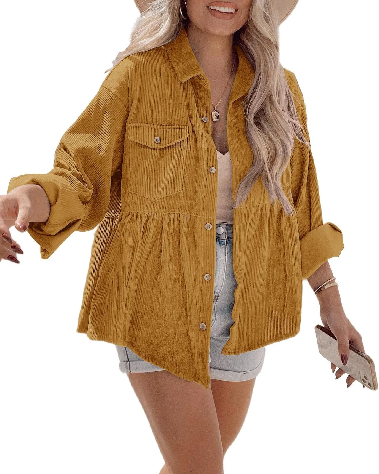 HOT SALE Women's Corduroy Shirt Button Down Tunic Loose Pocket Jacket