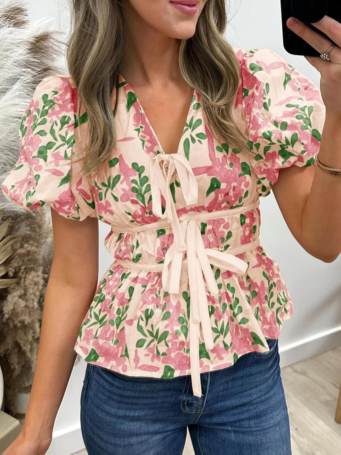Women's Puff Sleeve Tie V Neck Print Shirts