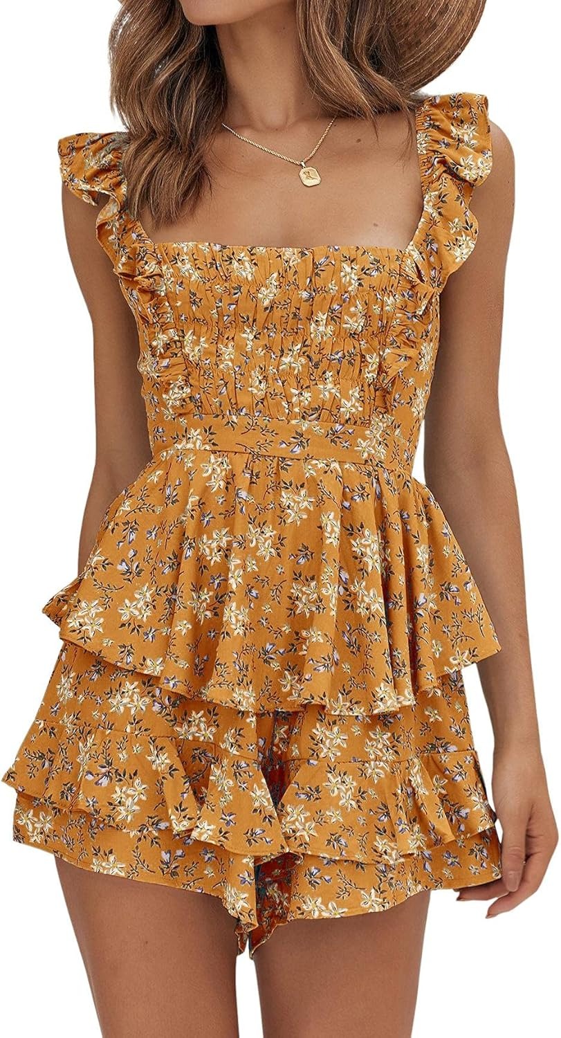 🌼Women's Floral Square Neck Ruffle Strap Layer Hem Shorts Jumpsuits