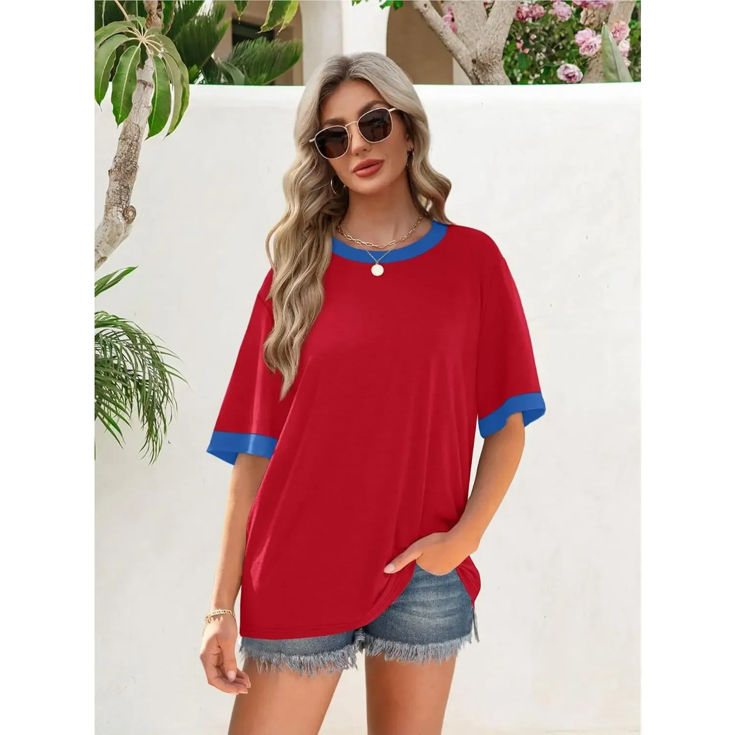 ✨Women's Color Blocking Short Sleeve Dressy Oversized Crew Neck T-shirts