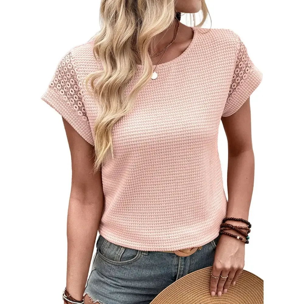🔥Womens Waffle Knit Lace Hollow Out Short Sleeve T-Shirts