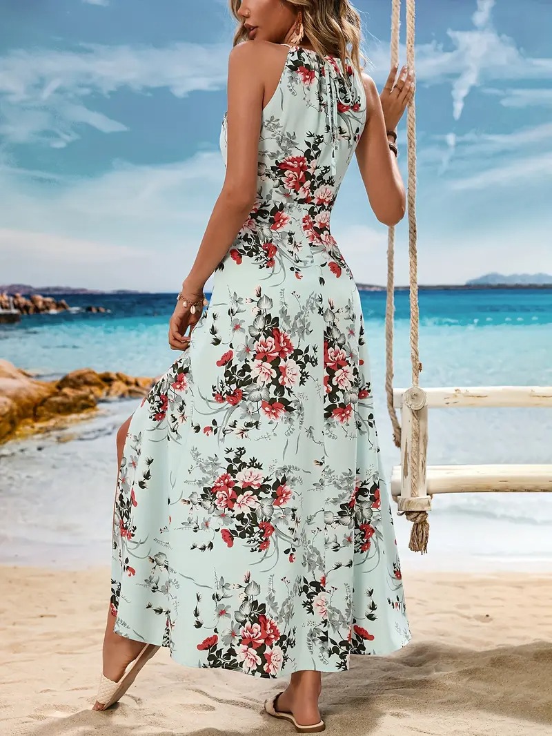 Women's Floral Print Halter Sleeveless Slit Maxi Dress