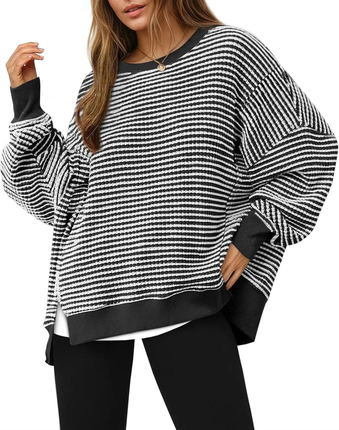 HOT SALE Women's Oversized Sweatshirt Waffle Long Sleeve Split Pullover Tunic Tops