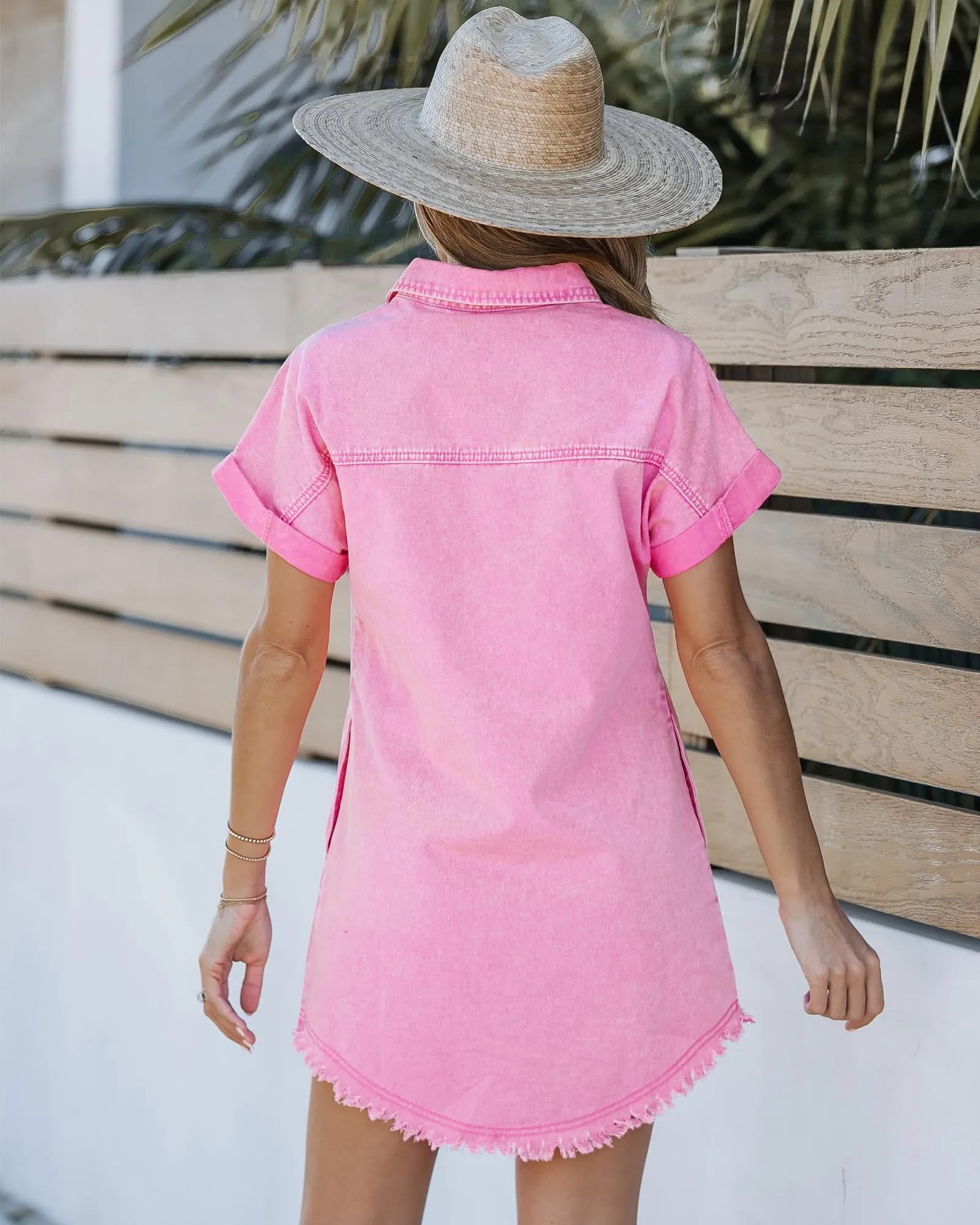 HOT SALE Women's Button Down Short Sleeves Frayed Hem Casual Jean Shirt Dresses with Pockets