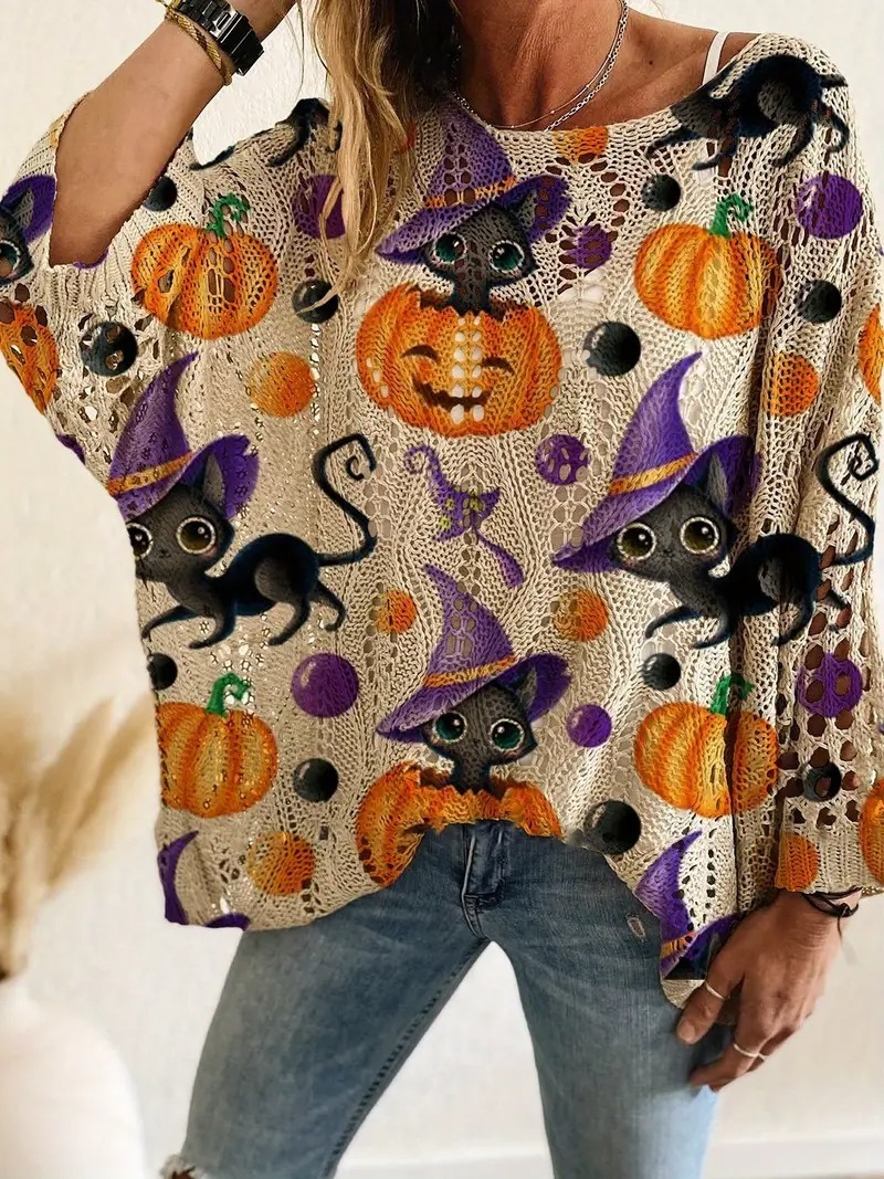 HOT SALE Halloween Crew Neck Pumpkin Loose Fit Long Sleeve Cutout Sweater