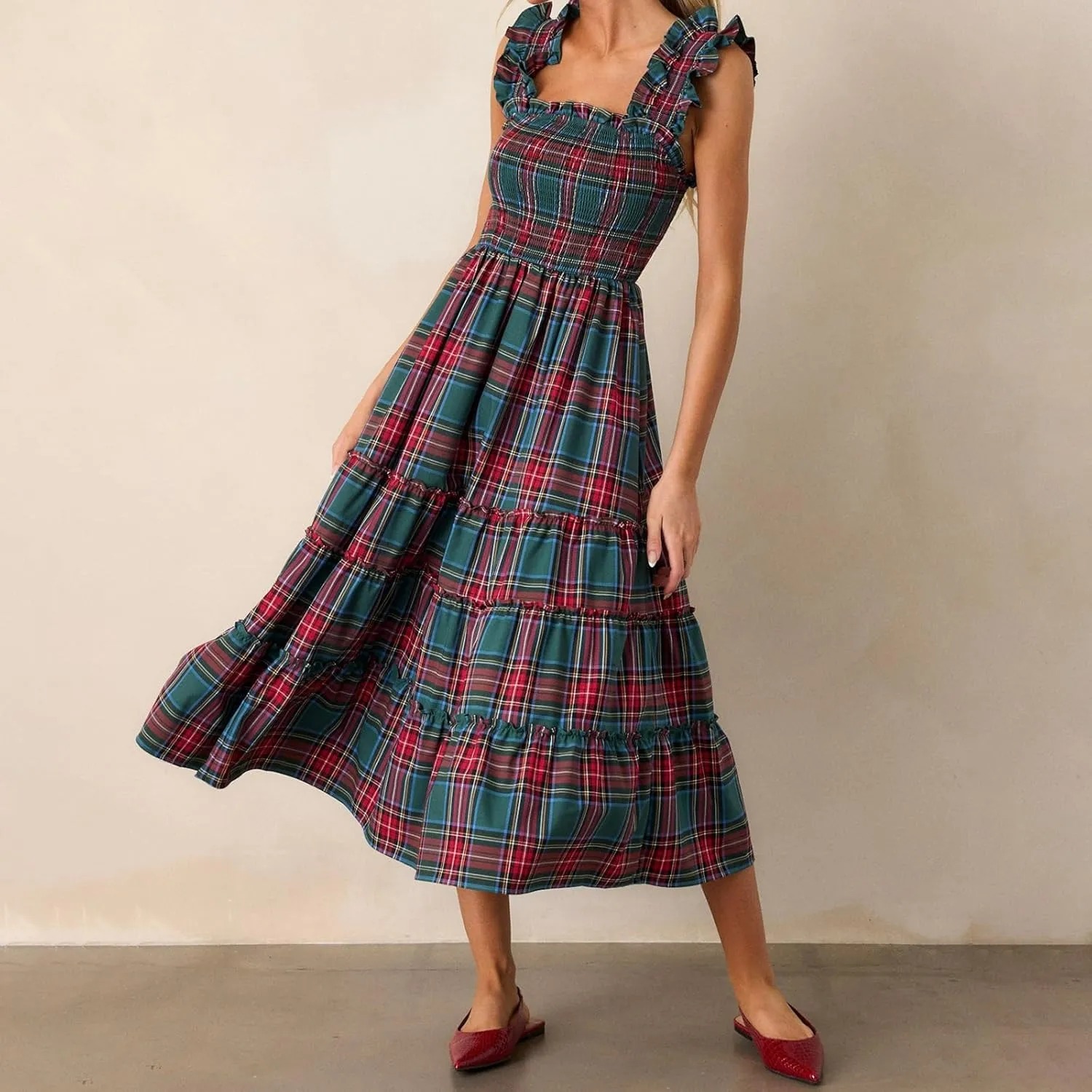 HOT SALE Women’s Sleeveless Plaid Ruffle A-Line Dress