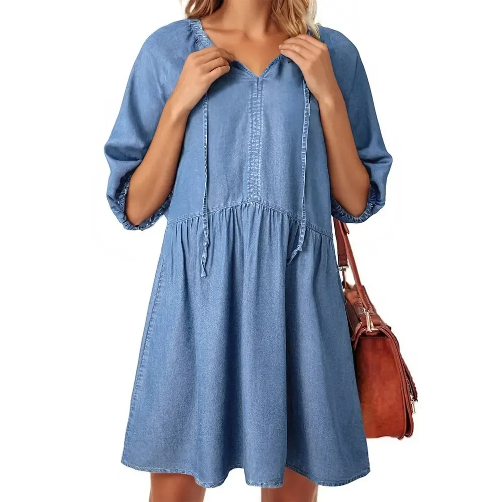 🔥Women Casual Puff Short Sleeve V Neck Babydoll Denim Dress