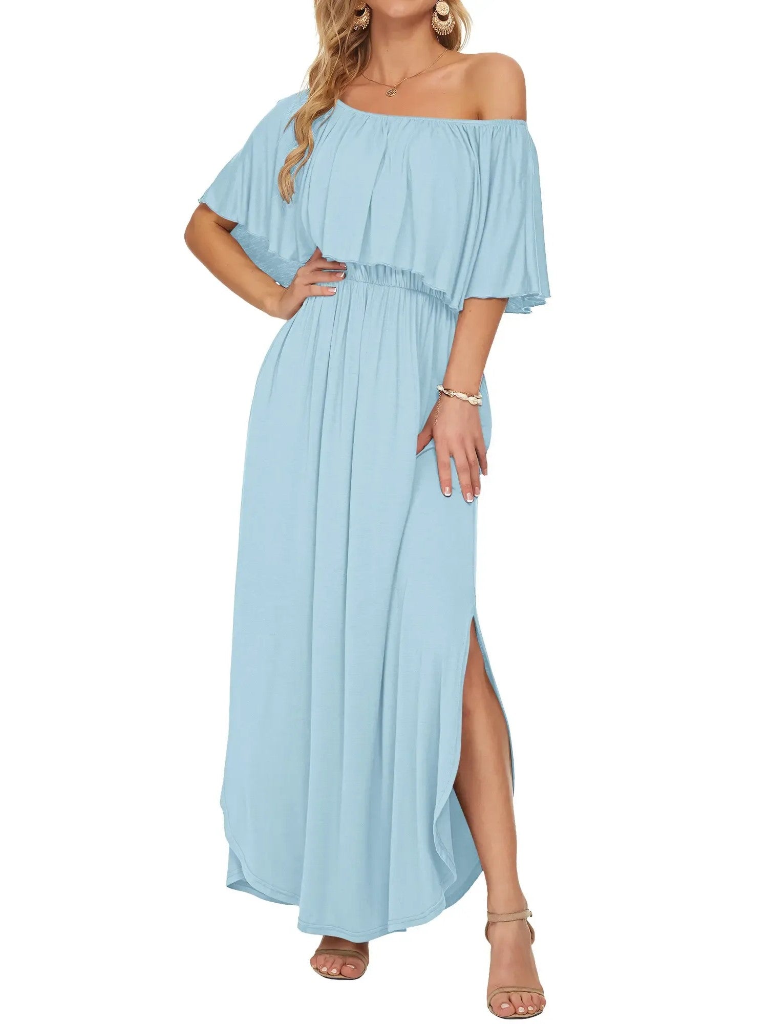 Women's Off-Shoulder Ruffled Side-Slit Maxi Dress with Pockets