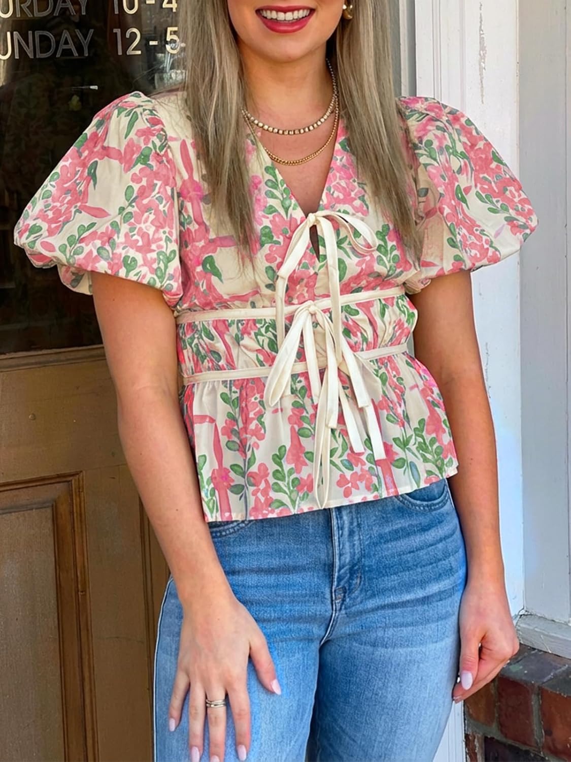 Women's Puff Sleeve Tie V Neck Print Shirts