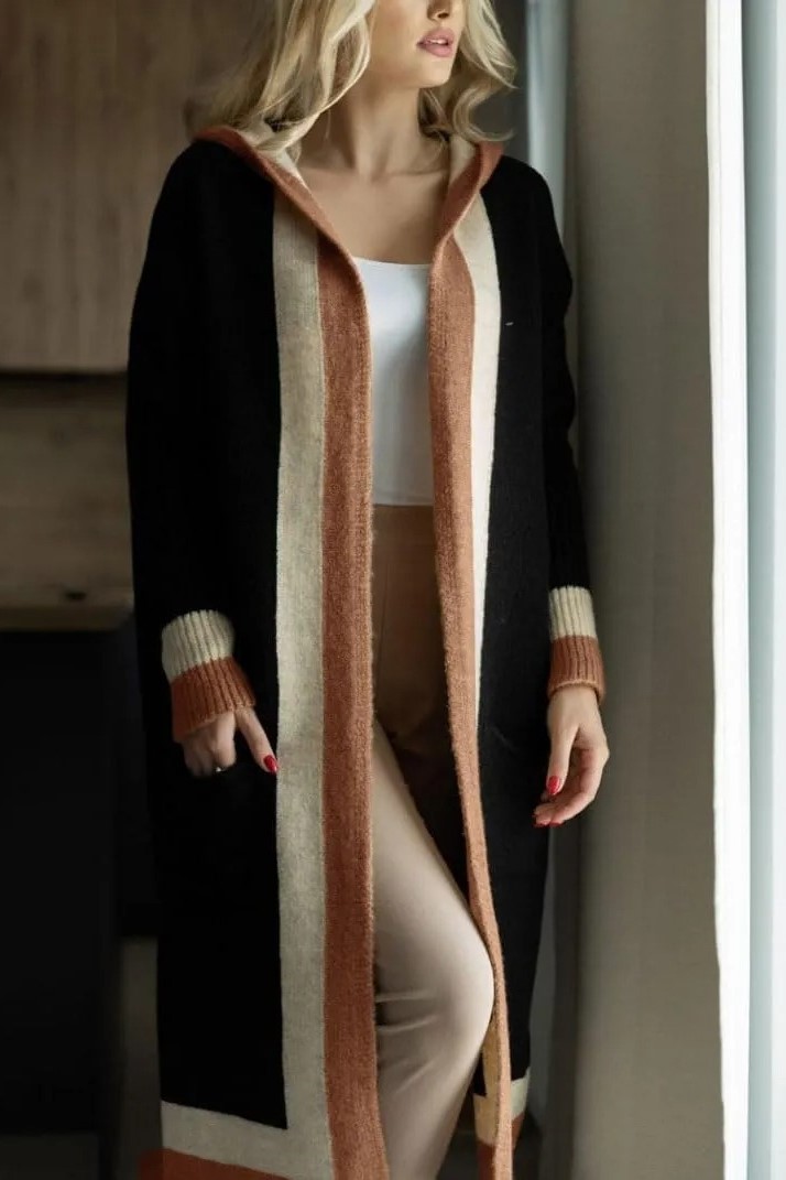 HOT SALE Women's Color Block Striped Open Front Hooded Long Cardigan