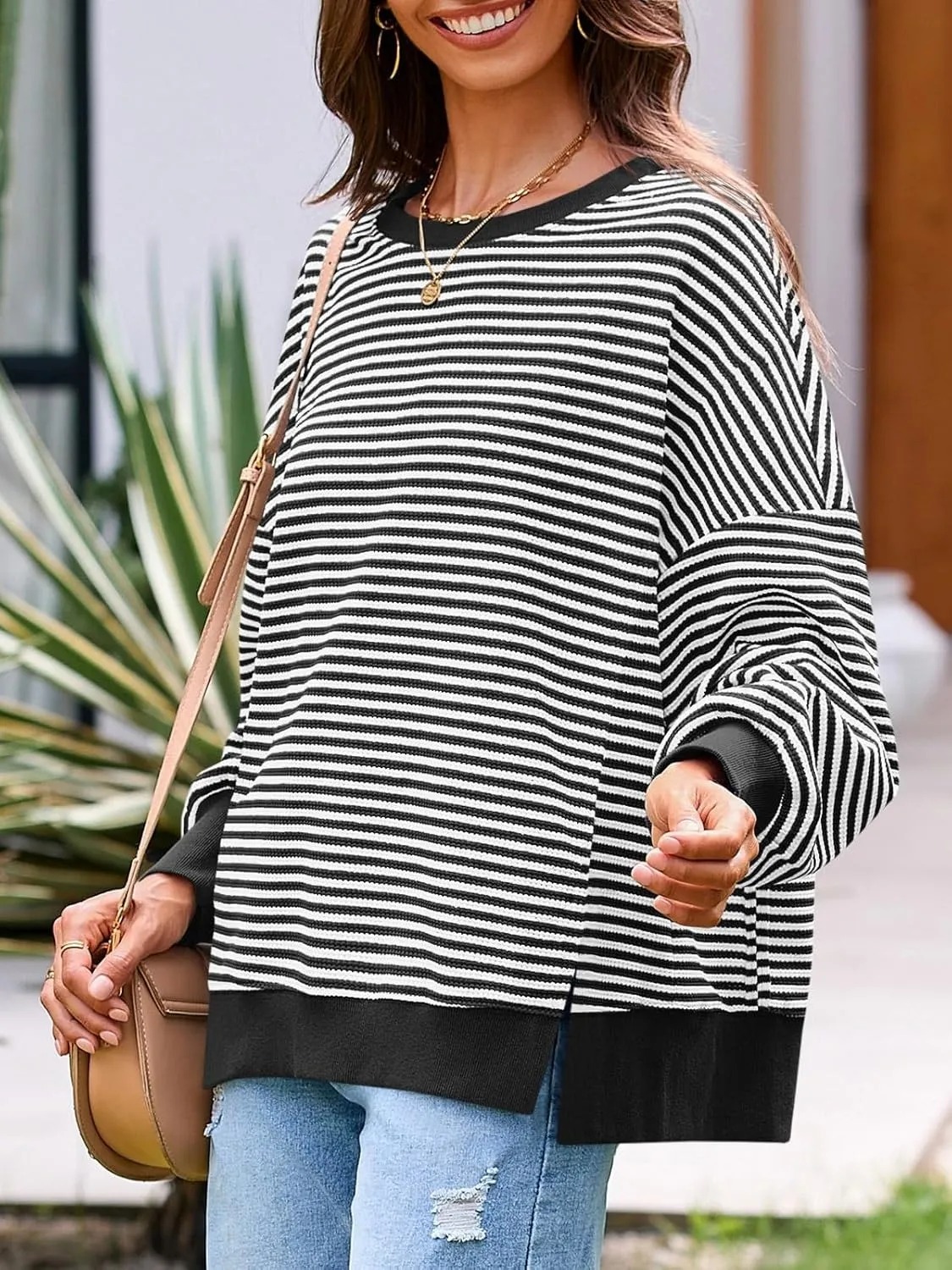 HOT SALE Women's Oversized Sweatshirt Waffle Long Sleeve Split Pullover Tunic Tops