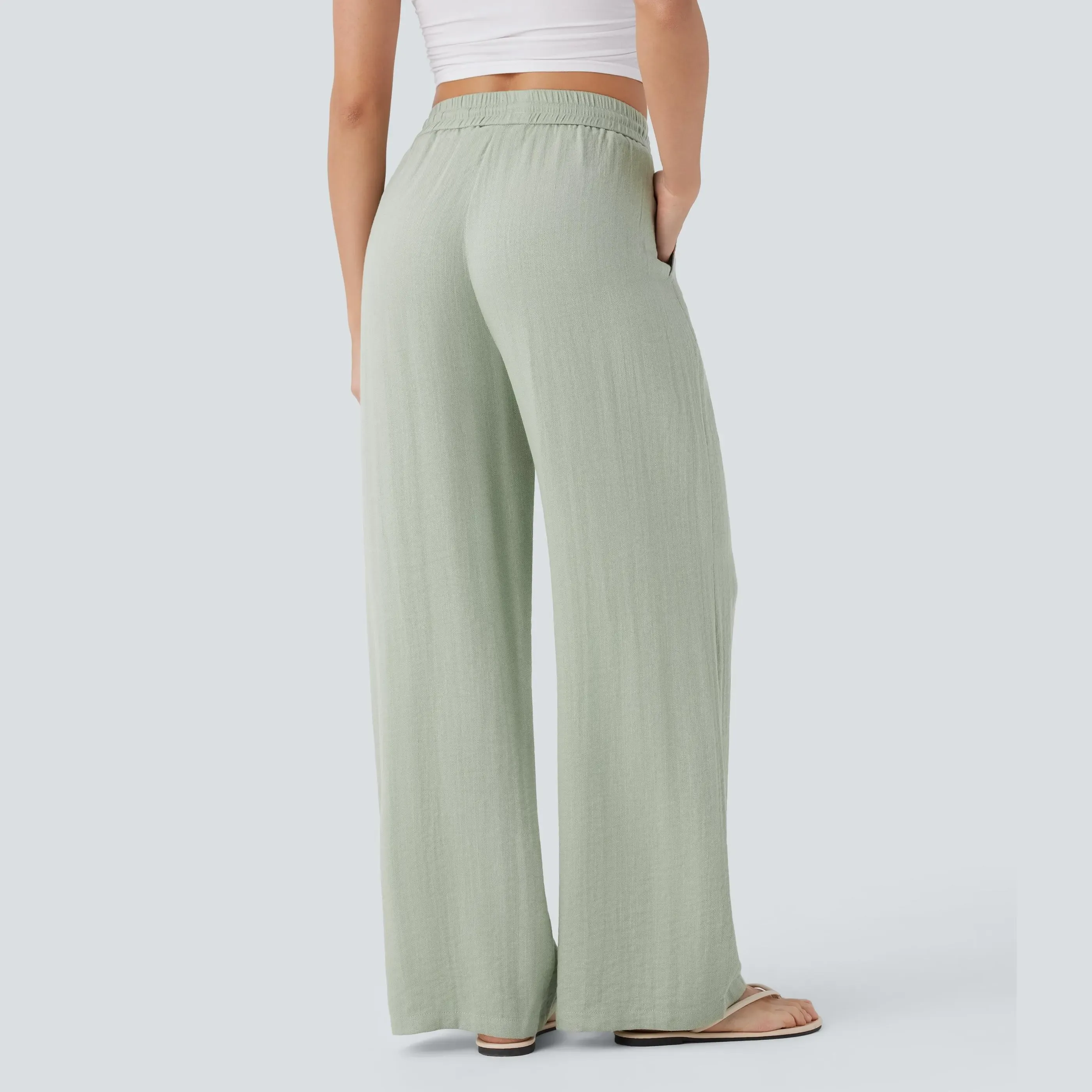 ✨Women's High Waisted Drawstring Pocket Wide Leg Linen-Feel Pants