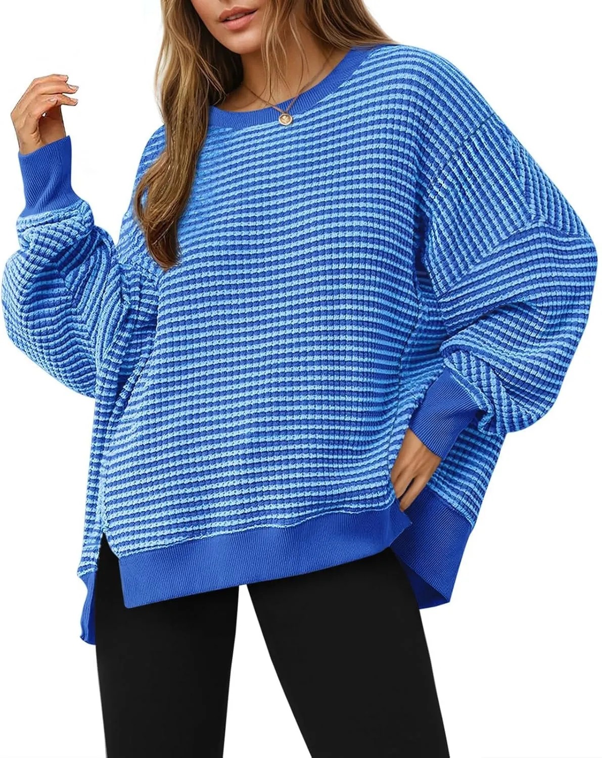 HOT SALE Women's Oversized Sweatshirt Waffle Long Sleeve Split Pullover Tunic Tops