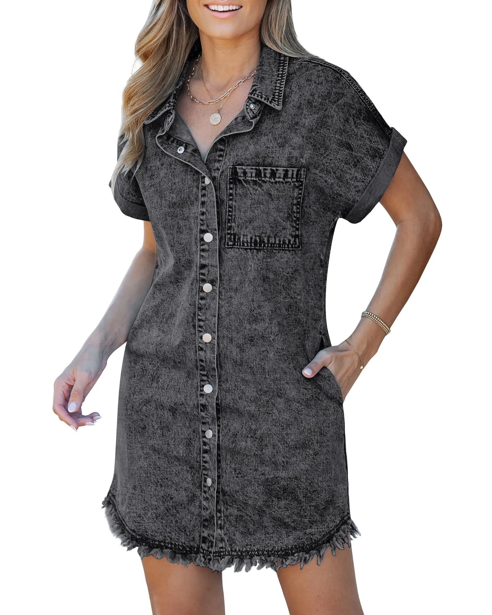 HOT SALE Women's Button Down Short Sleeves Frayed Hem Casual Jean Shirt Dresses with Pockets