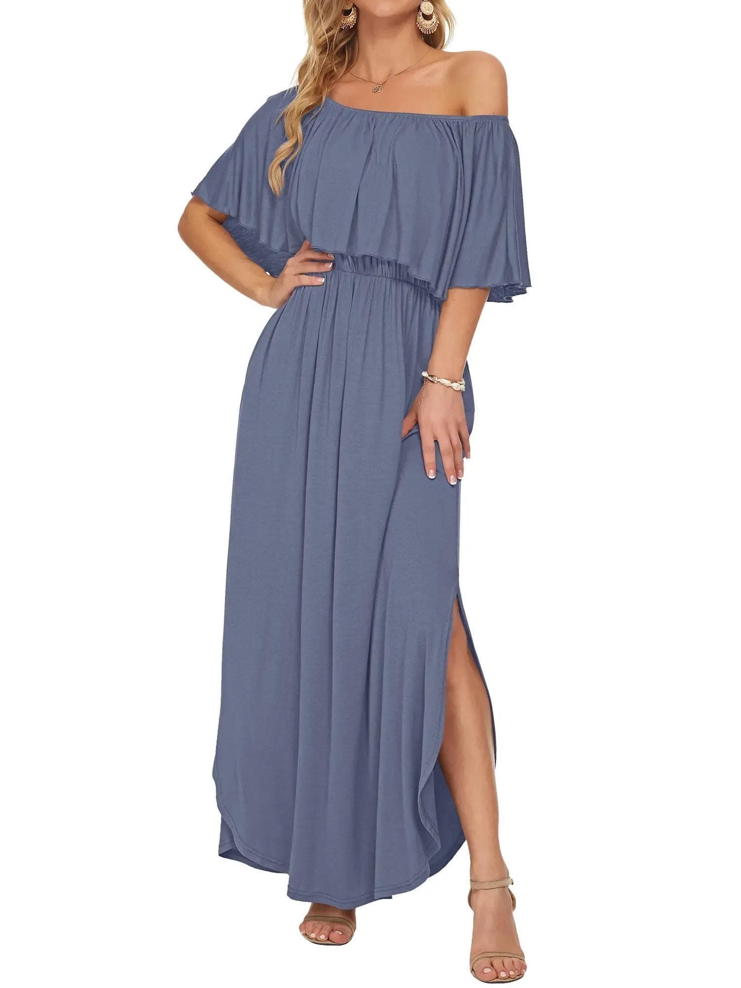 Women's Off-Shoulder Ruffled Side-Slit Maxi Dress with Pockets