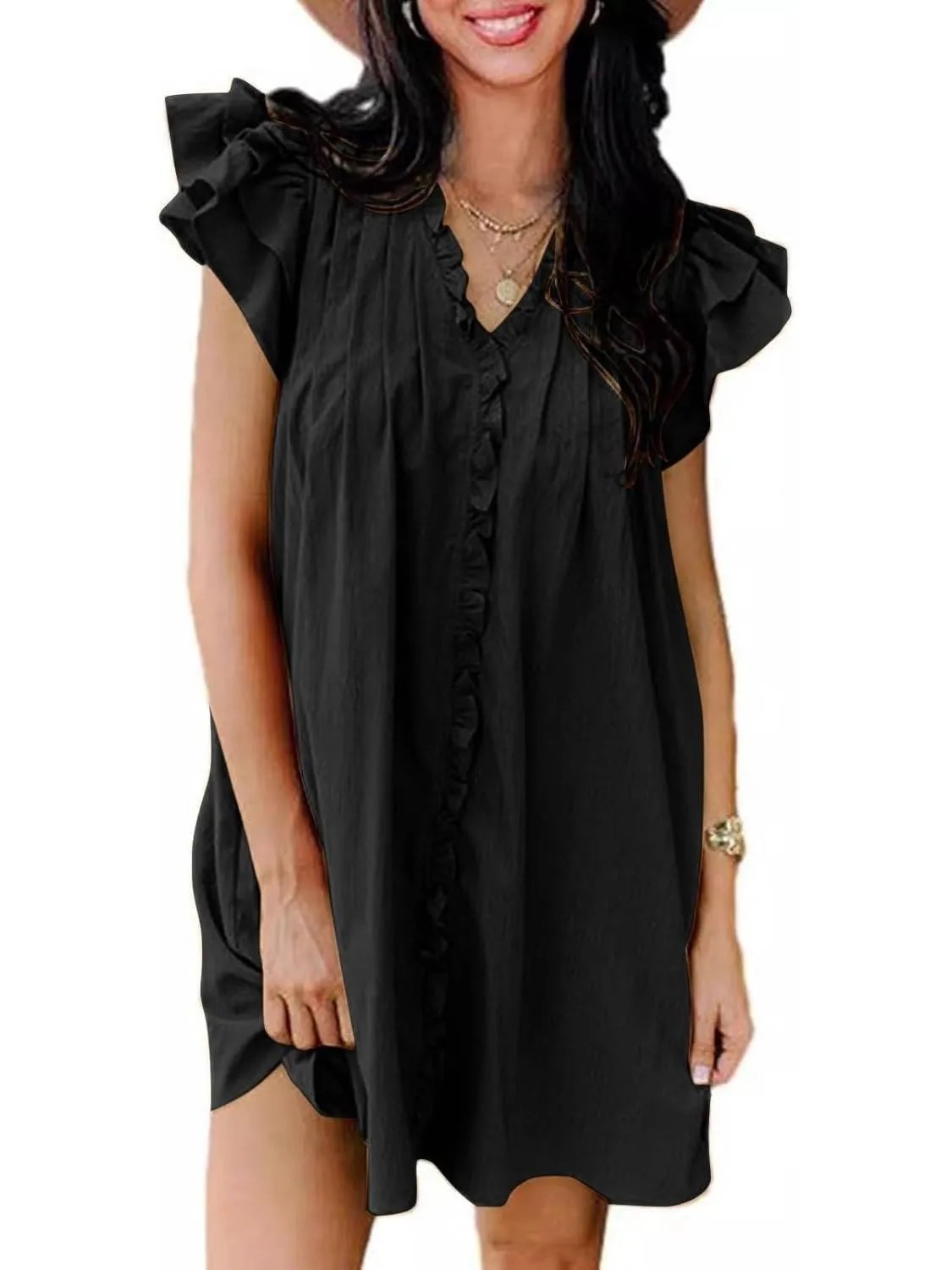 HOT SALE Women's Elegant Ruffle Short Sleeve Buttoned V Neck Pleated Dresses