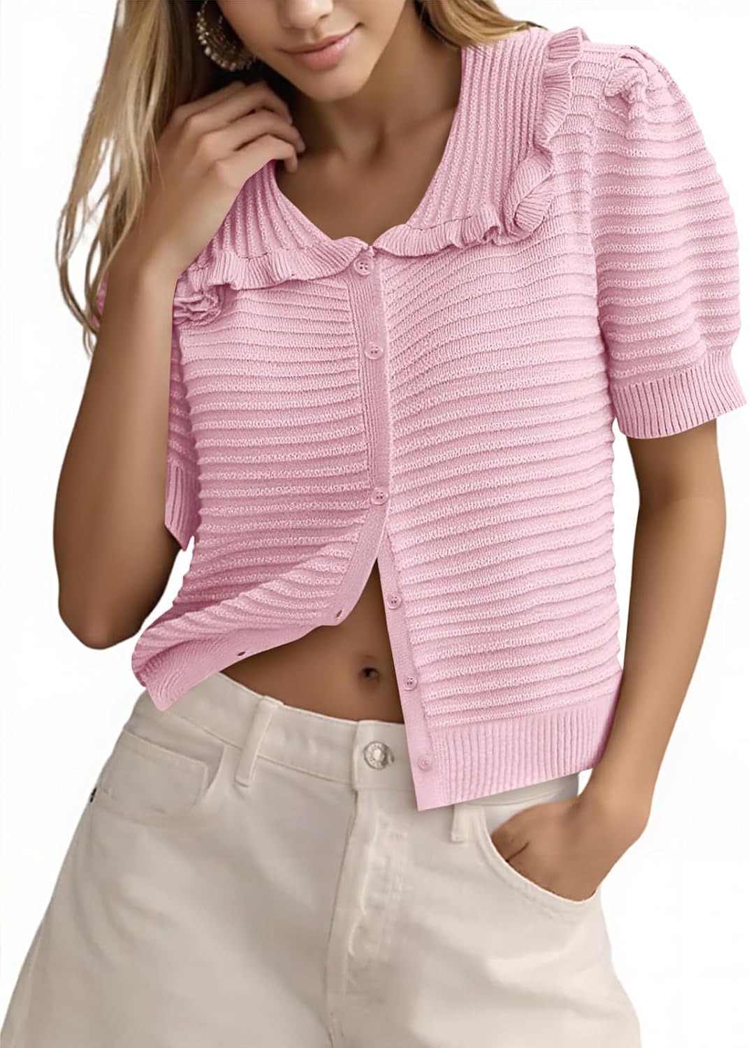 ✨Women's Ruffle Puff Short Sleeve Button Up Ribbed Knit Cardigan