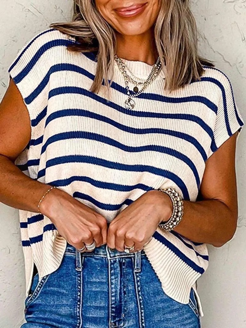 HOT SALE Women's Striped Crew Neck Cap Sleeve Side Slit Sweater Pullover