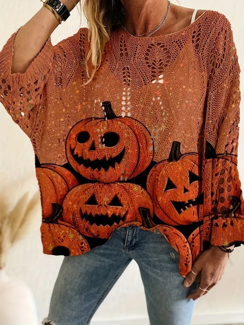 HOT SALE Halloween Crew Neck Pumpkin Loose Fit Long Sleeve Cutout Sweater