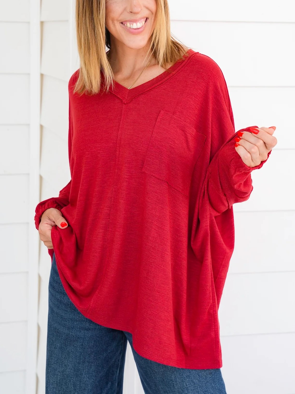 Women's Oversized V Neck Pocket Long Sleeve Top