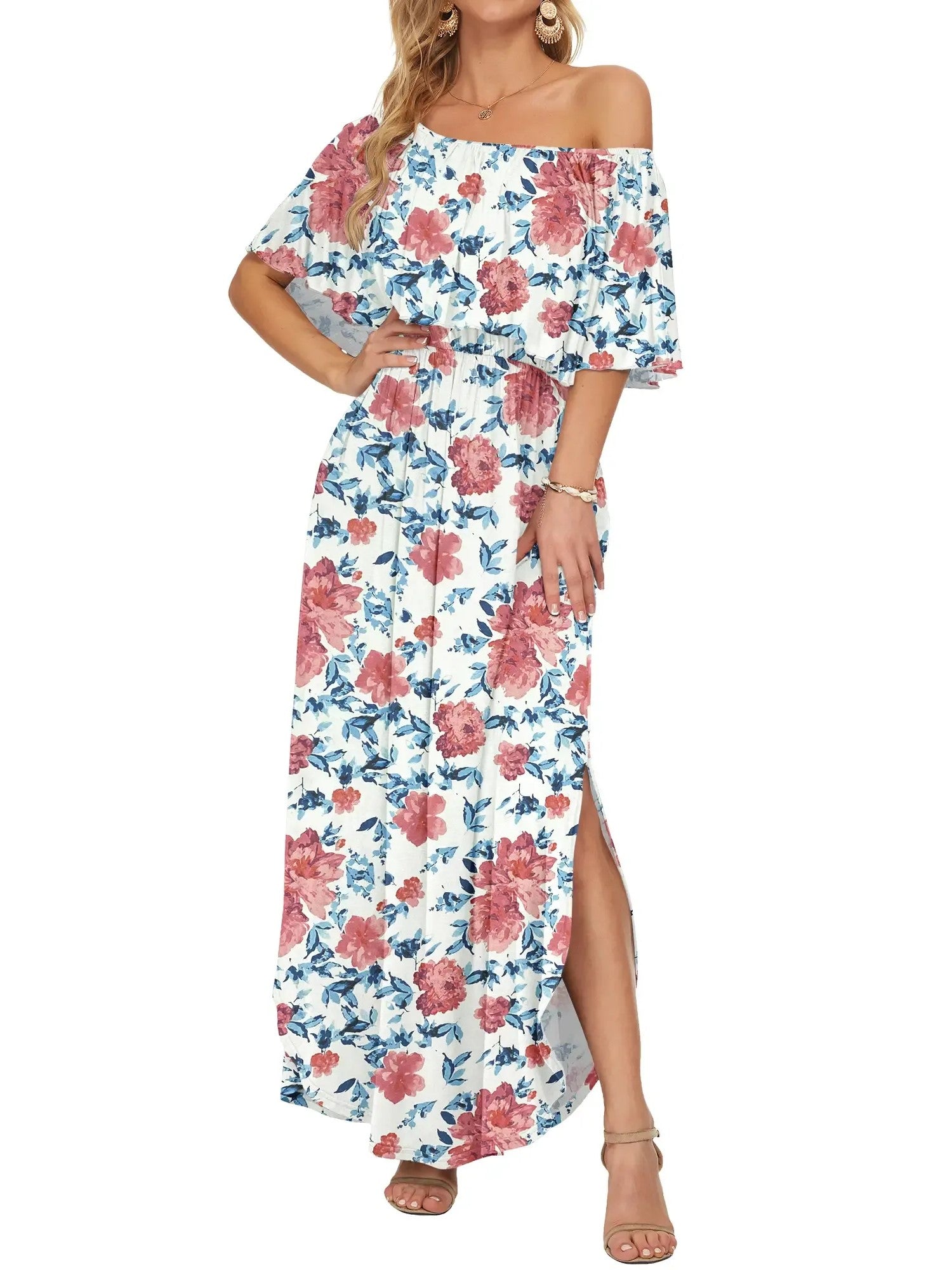 Women's Off-Shoulder Ruffled Side-Slit Maxi Dress with Pockets
