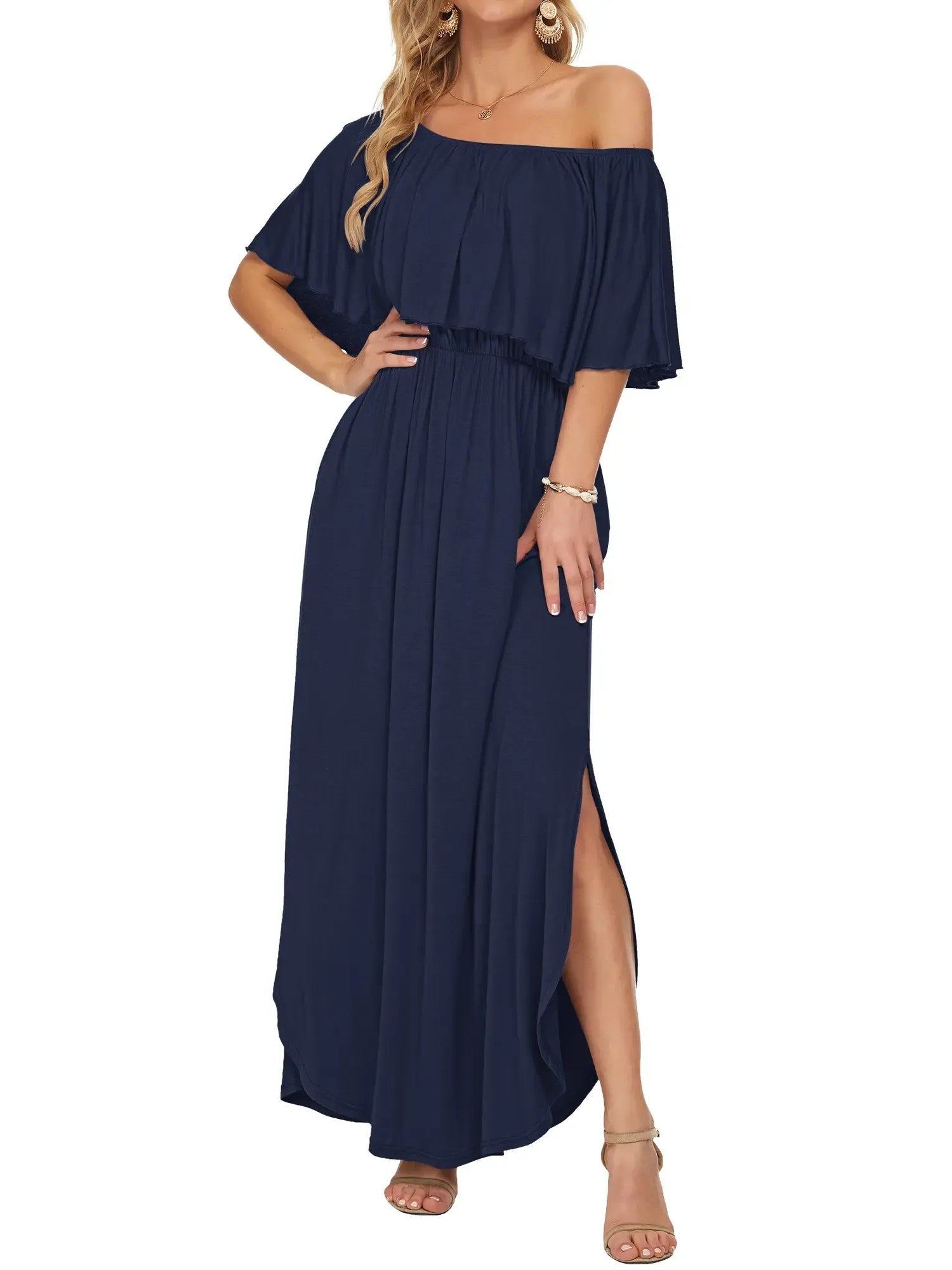 Women's Off-Shoulder Ruffled Side-Slit Maxi Dress with Pockets