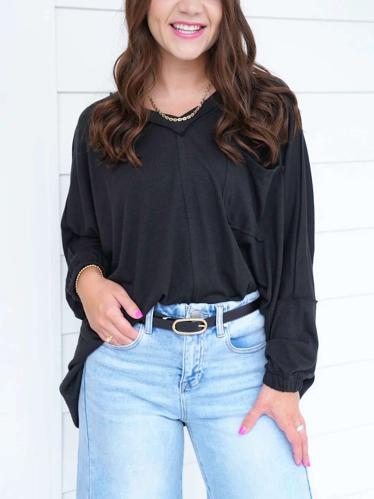 Women's Oversized V Neck Pocket Long Sleeve Top