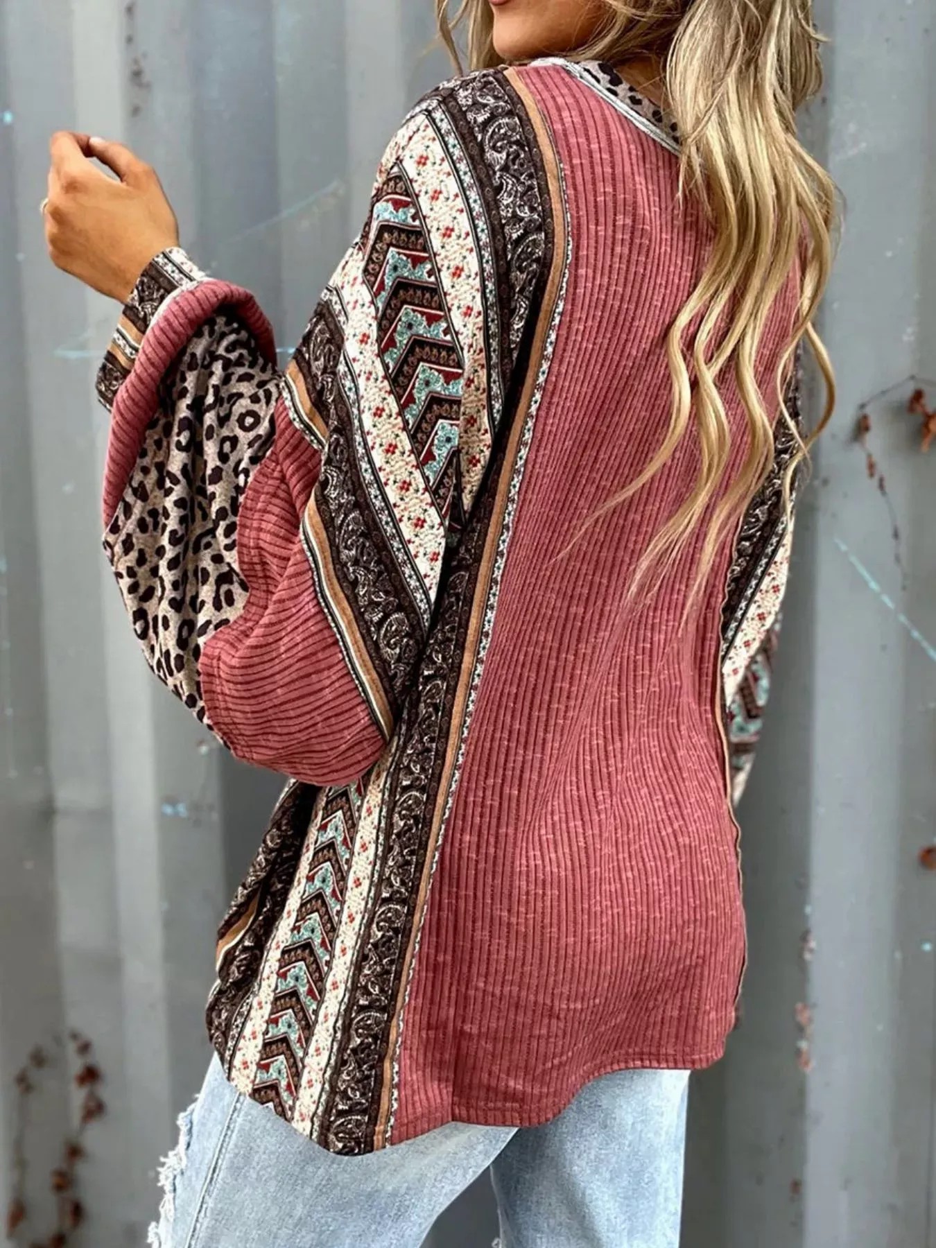 Women's Boho Leopard Patchwork Ribbed Long Sleeve Top