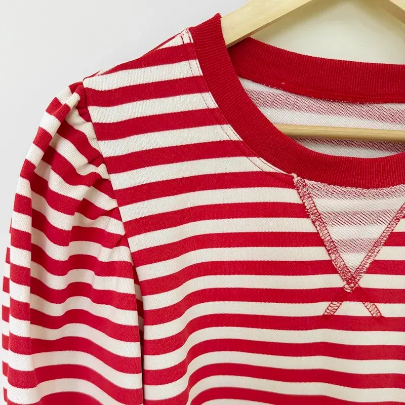 Women's Striped Puff Sleeve Sporty Round Neck Sweatshirt 
