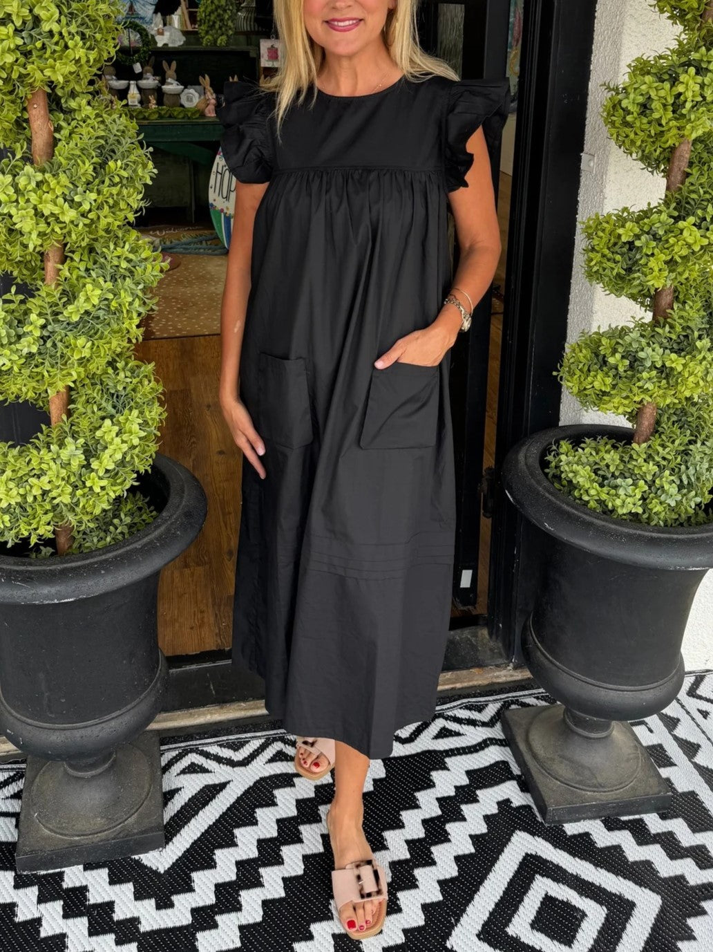 Women's Flutter Sleeve Pocket Midi Shift Dress