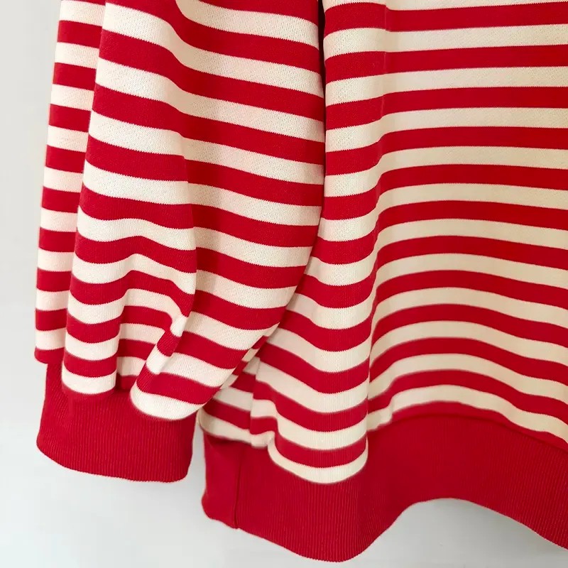 Women's Striped Puff Sleeve Sporty Round Neck Sweatshirt 