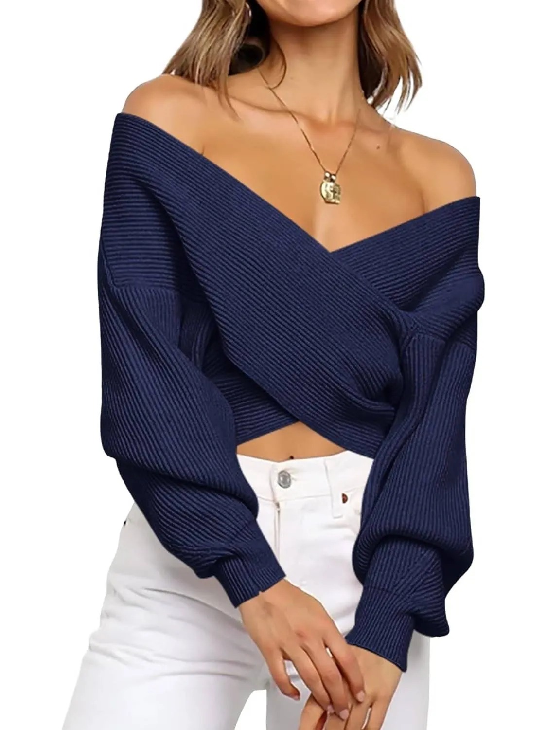 Women's Cross Wrap Front Solid Color V Neck Long Sleeve Sweater