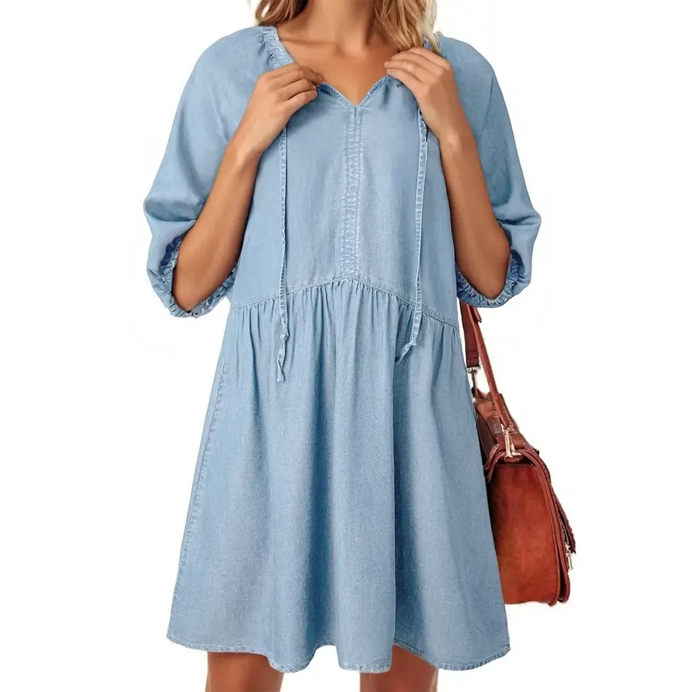 🔥Women Casual Puff Short Sleeve V Neck Babydoll Denim Dress