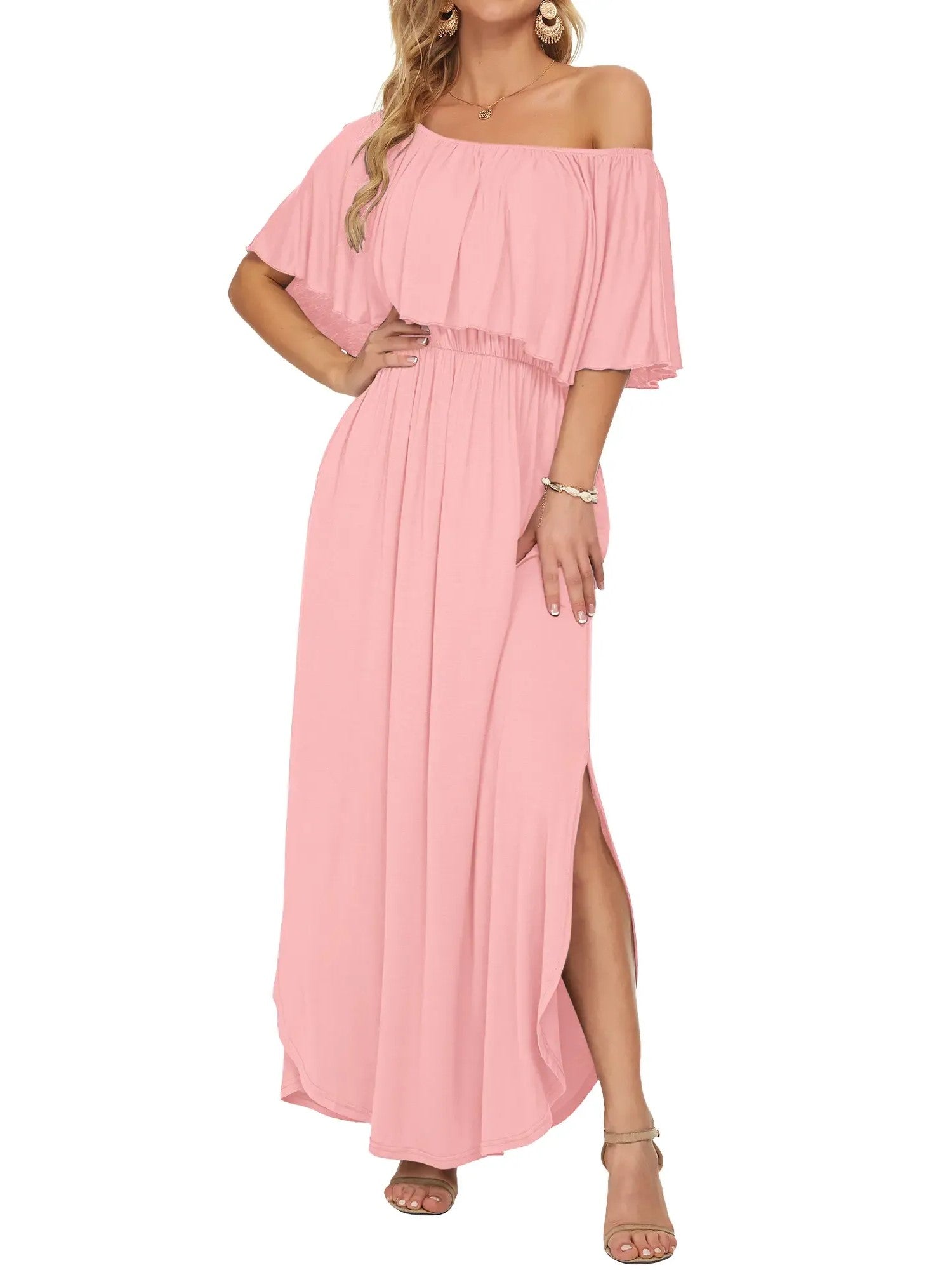 Women's Off-Shoulder Ruffled Side-Slit Maxi Dress with Pockets